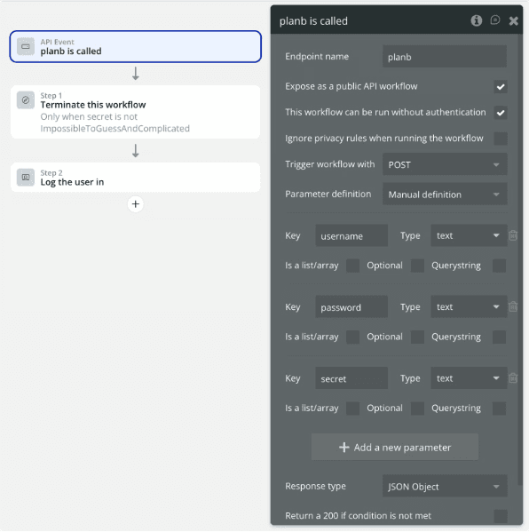 Bubble backend workflow editor showing the planb API endpoint with username, password, and secret parameters