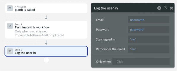 Bubble workflow action showing Log the user in with Email set to username parameter and Password set to password parameter