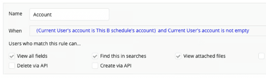 Bubble privacy rules showing View all fields, Find this in searches, and View attached files checked; Create via API, Delete via API unchecked