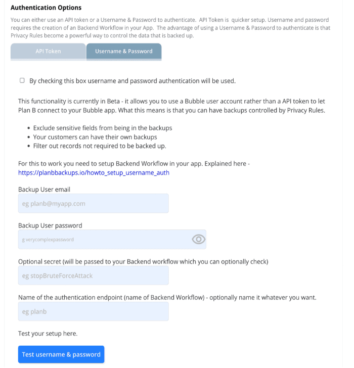PlanB authentication settings panel showing API Token and Username & Password tabs, with fields for backup user email, password, optional secret, and endpoint name