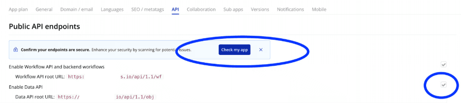Bubble editor API tab showing the Enable Data API checkbox ticked