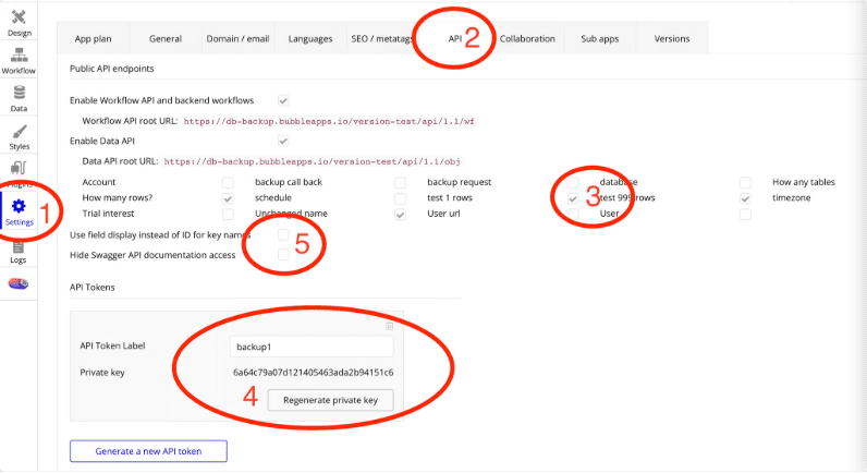 Bubble Settings API tab showing numbered steps: 1. Settings, 2. API tab, 3. Enable Data API, 4. API token, 5. Swagger toggle