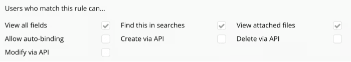 Bubble privacy rules panel showing checkboxes: View all fields (checked), Find this in searches (checked), View attached files (checked), Allow auto-binding (unchecked), Create via API (unchecked), Delete via API (unchecked), Modify via API (unchecked)