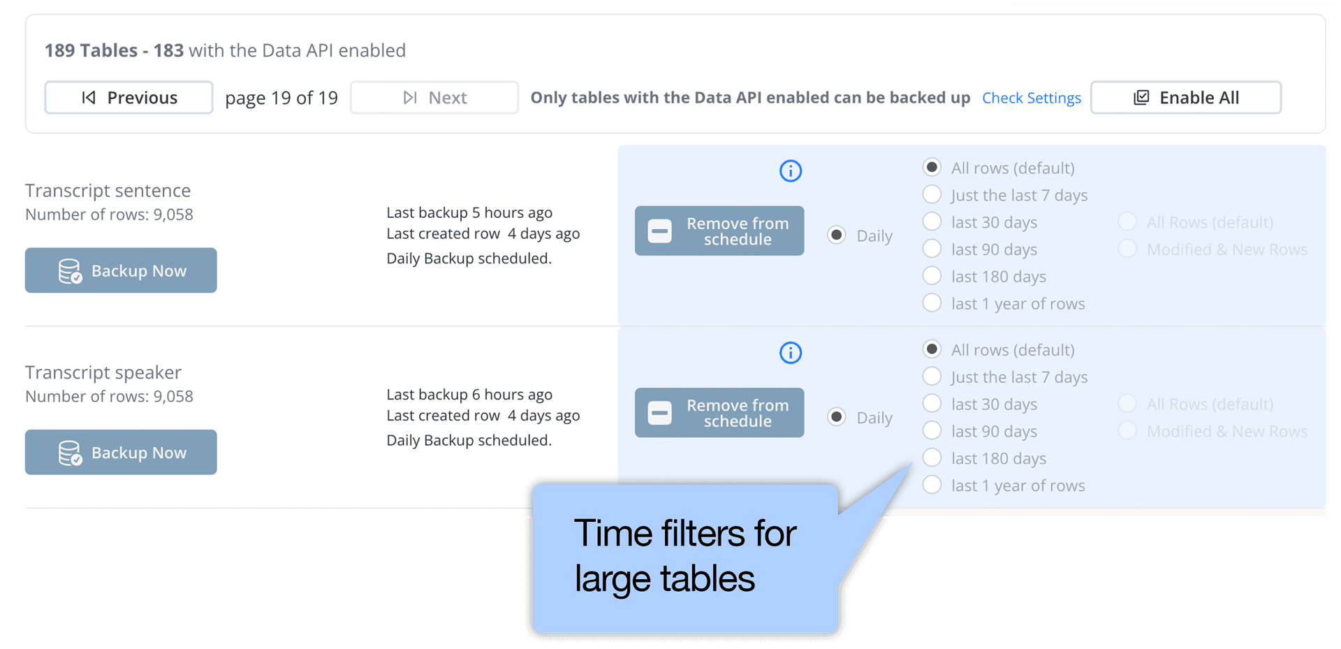 PlanB table backup detail view