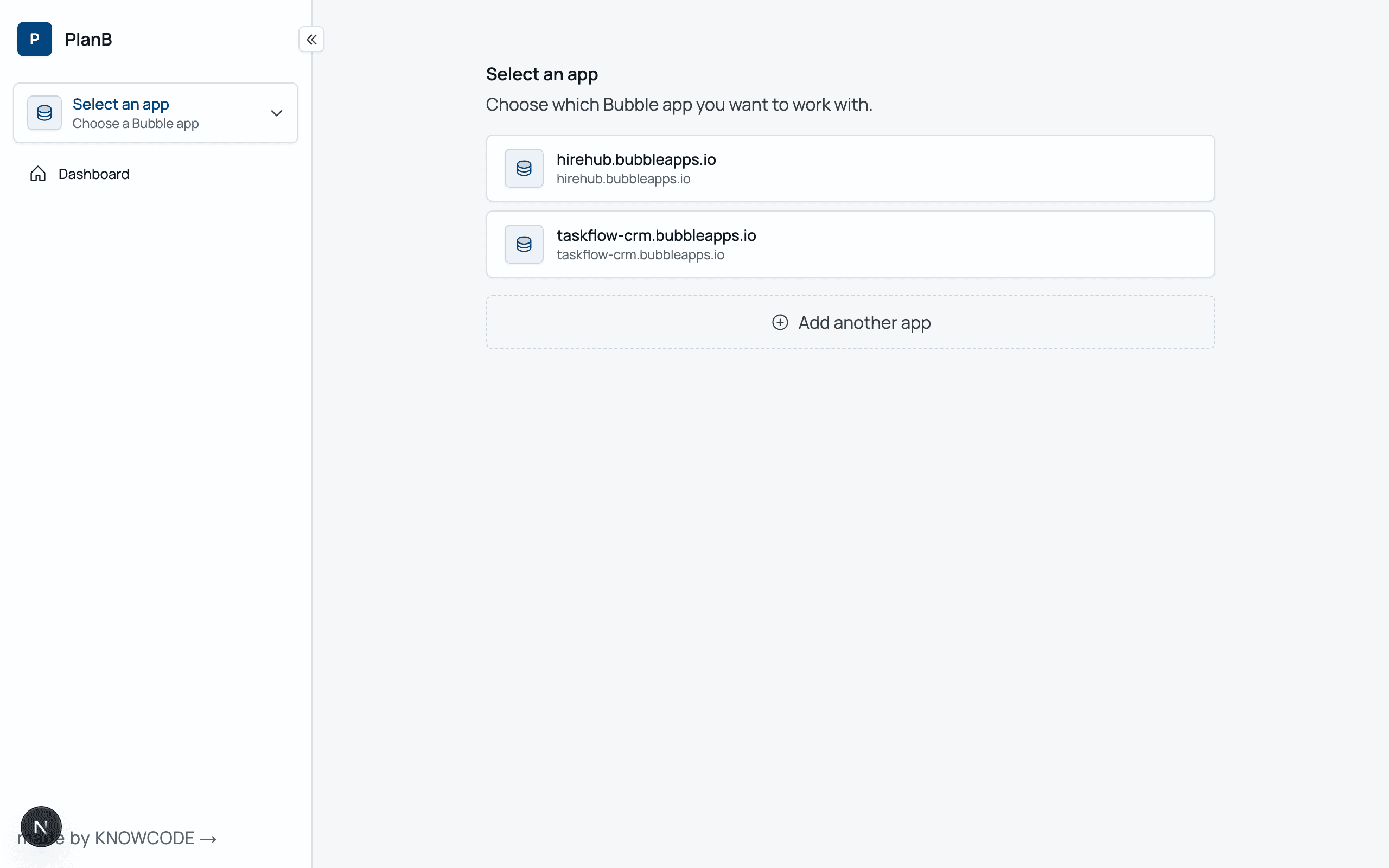 PlanB app list showing two connected Bubble apps ready for backup