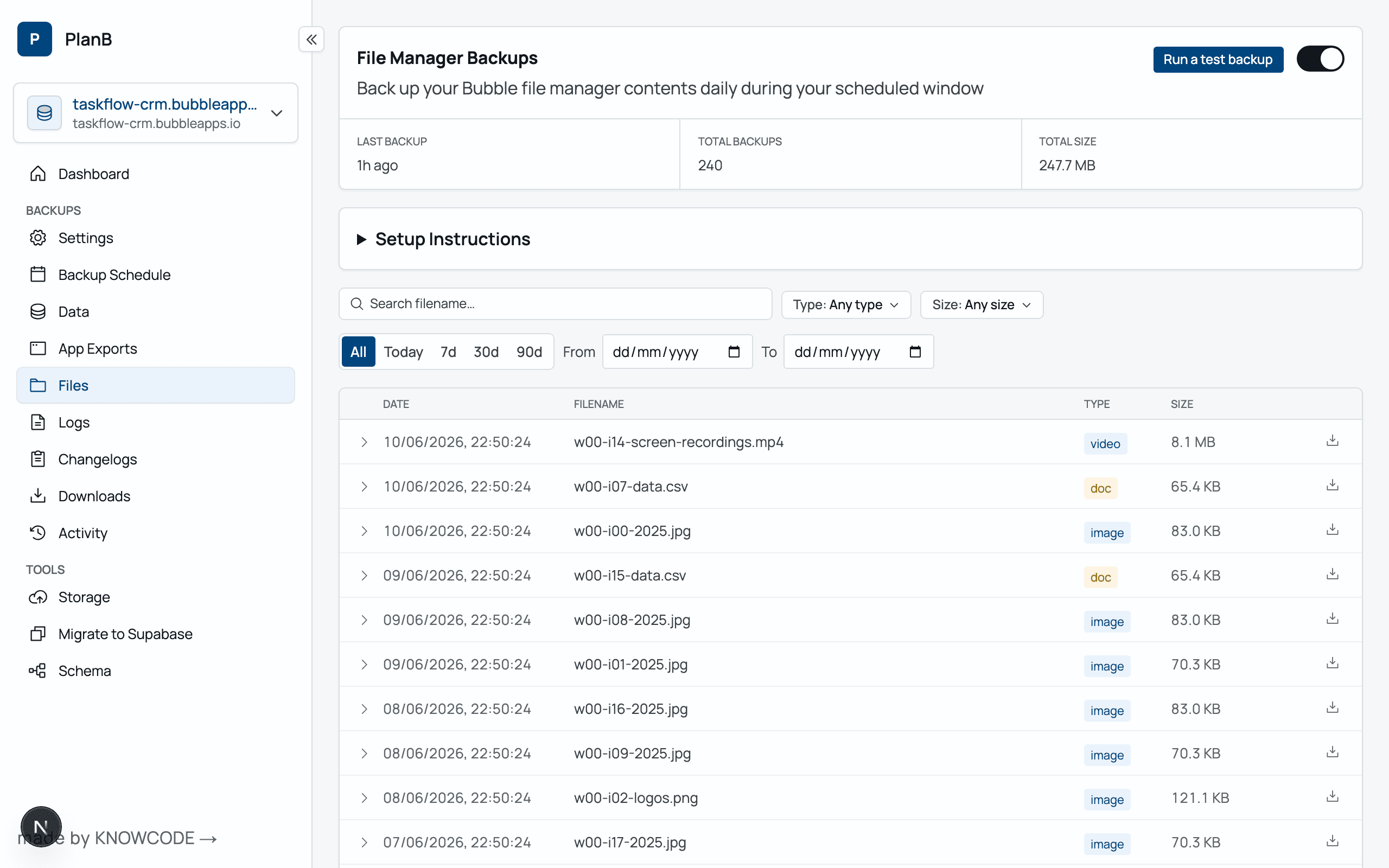 File backups showing uploaded images, PDFs and attachments