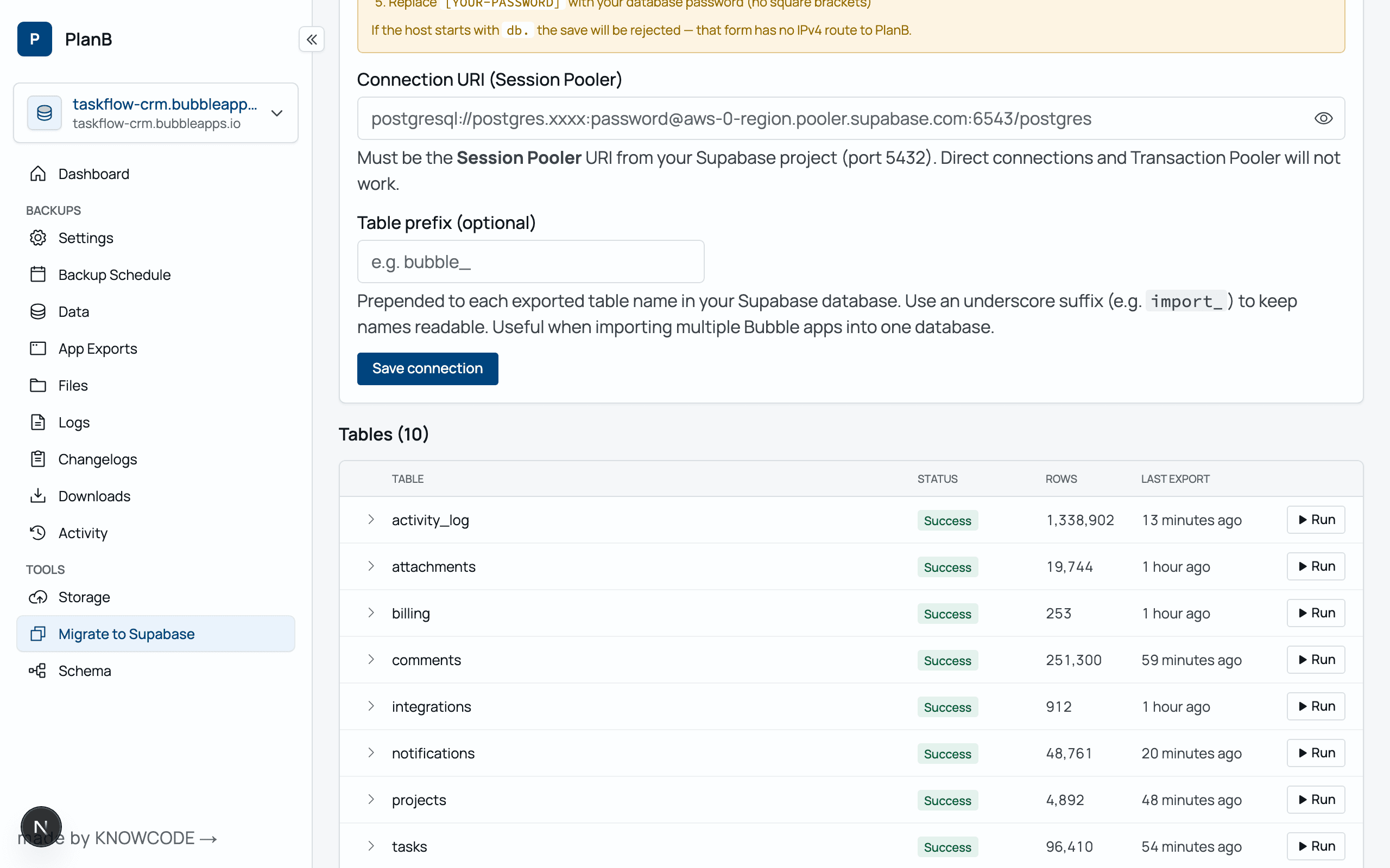 Bubble tables migrated to an external Supabase database, each showing a success status and inserted row count