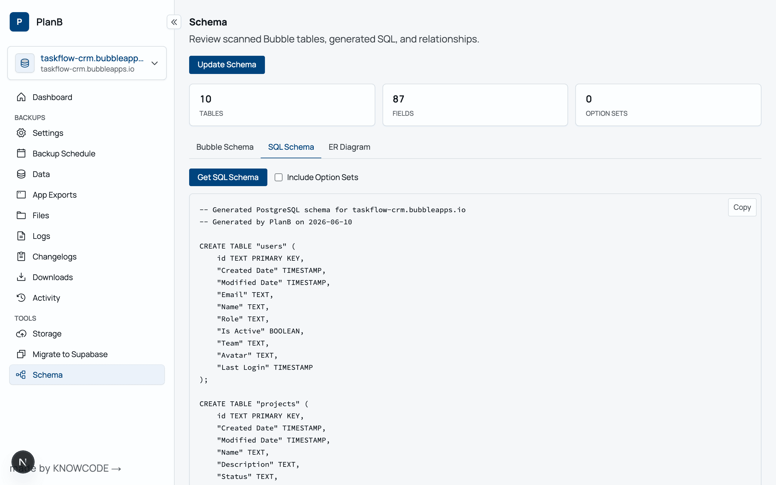 SQL schema view showing auto-generated PostgreSQL DDL from Bubble database