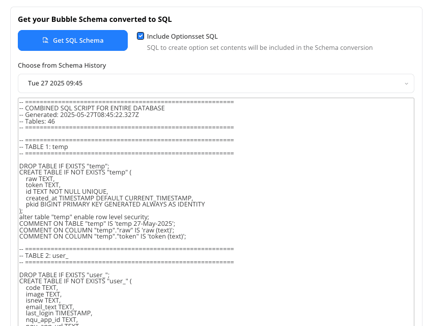 Generated Postgres schema from Bubble database